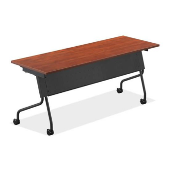 cherry table with black legs and metal back on wheels